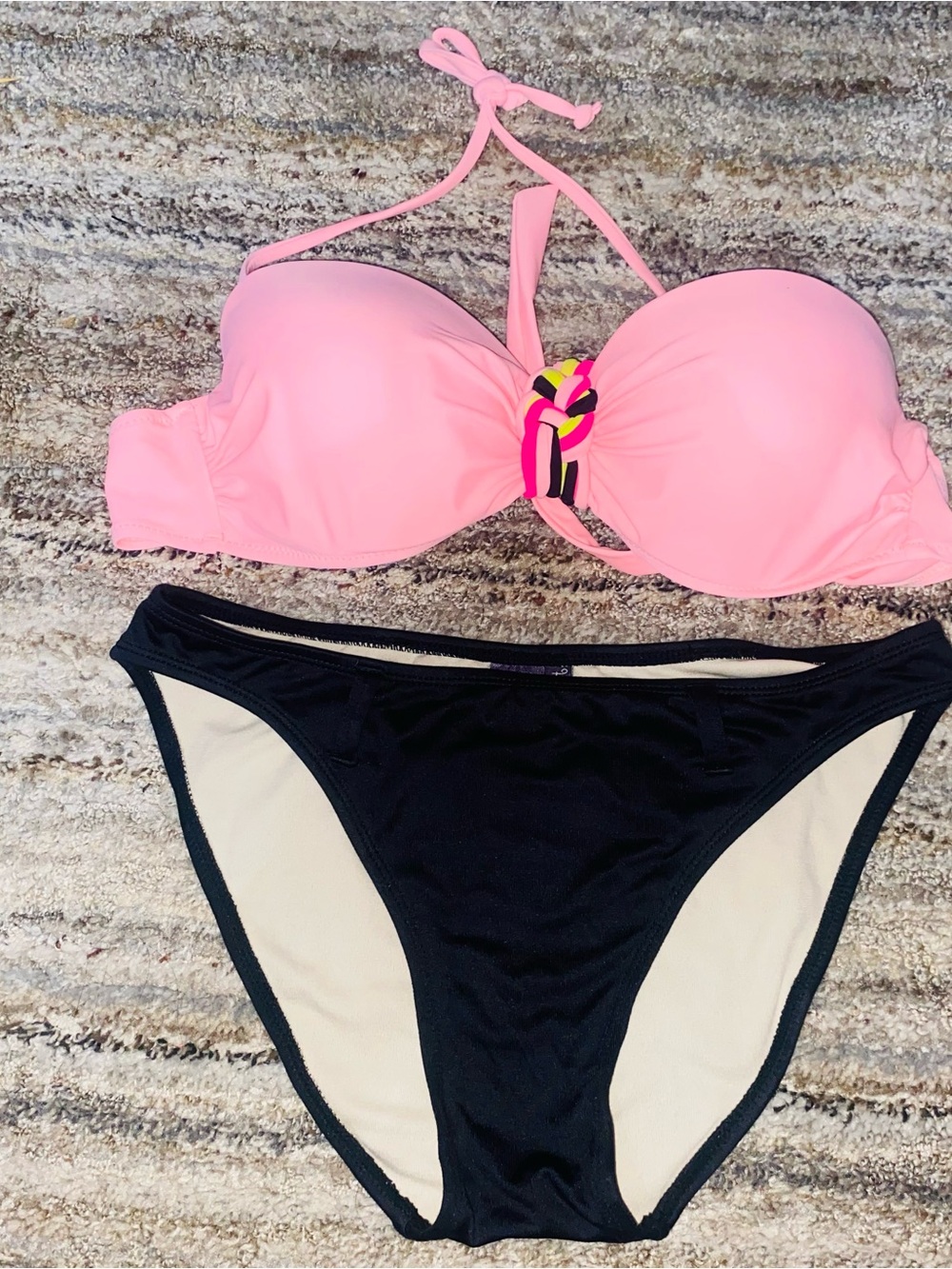Pastel Orange Halter Bikini Top with Black Bottoms